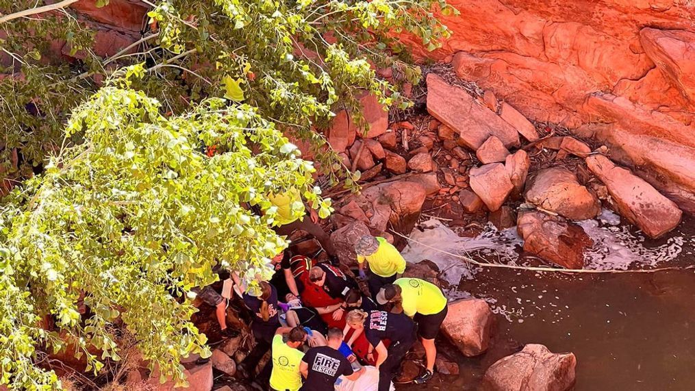 Two people were rescued after they fell in separate incidents at Gunlock Falls on June 18, 2023. This photo is from a rescue involving an 18-year-old woman who fell approximately 50 feet into shallow water while cliff jumping. (Photo: Washington County Sheriff Search & Rescue)