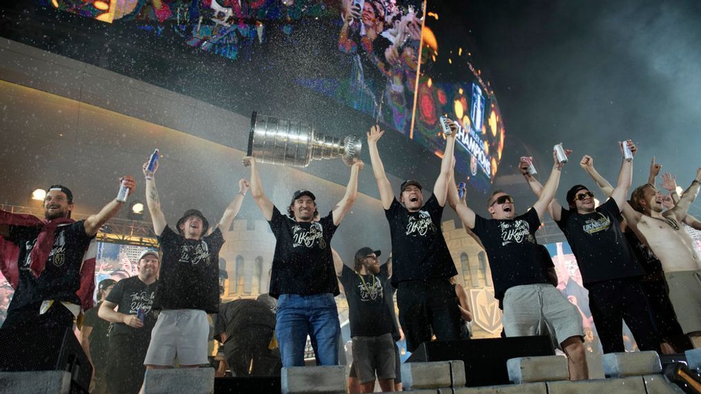 Vegas Golden Knights celebrate with the Stanley Cup during a rally after a parade along the Las Vegas Strip for the NHL hockey champions Saturday, June 17, 2023, in Las Vegas. (AP Photo/John Locher)