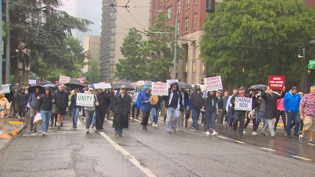 People marching in honor of Eiwa Kwon, a pregnant Seattle restaurant owner who was murdered in the Belltown neighborhood on June 13, 2023. (KOMO)